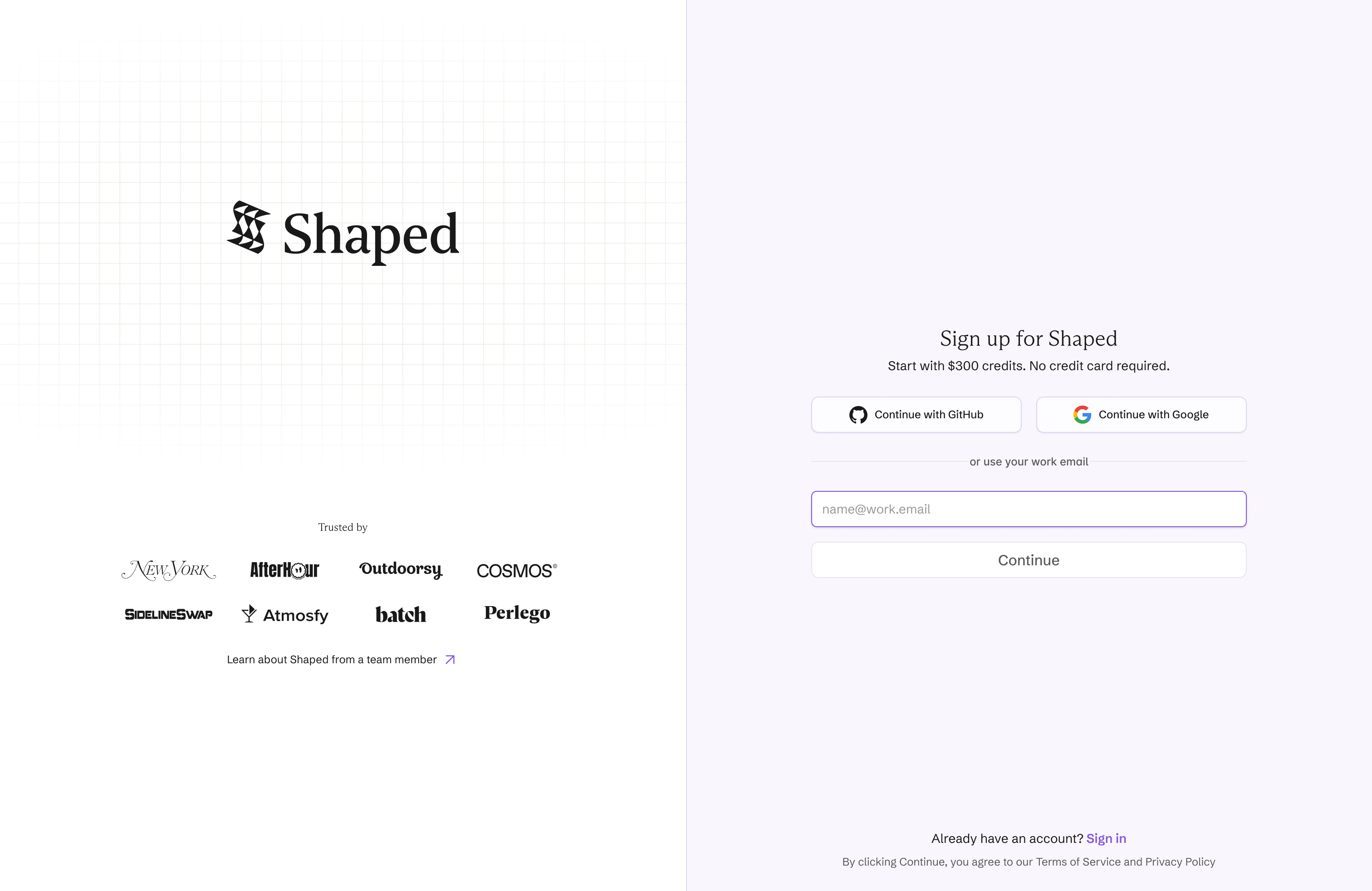 Shaped sign-up page with GitHub, Google, email, and AWS marketplace options
