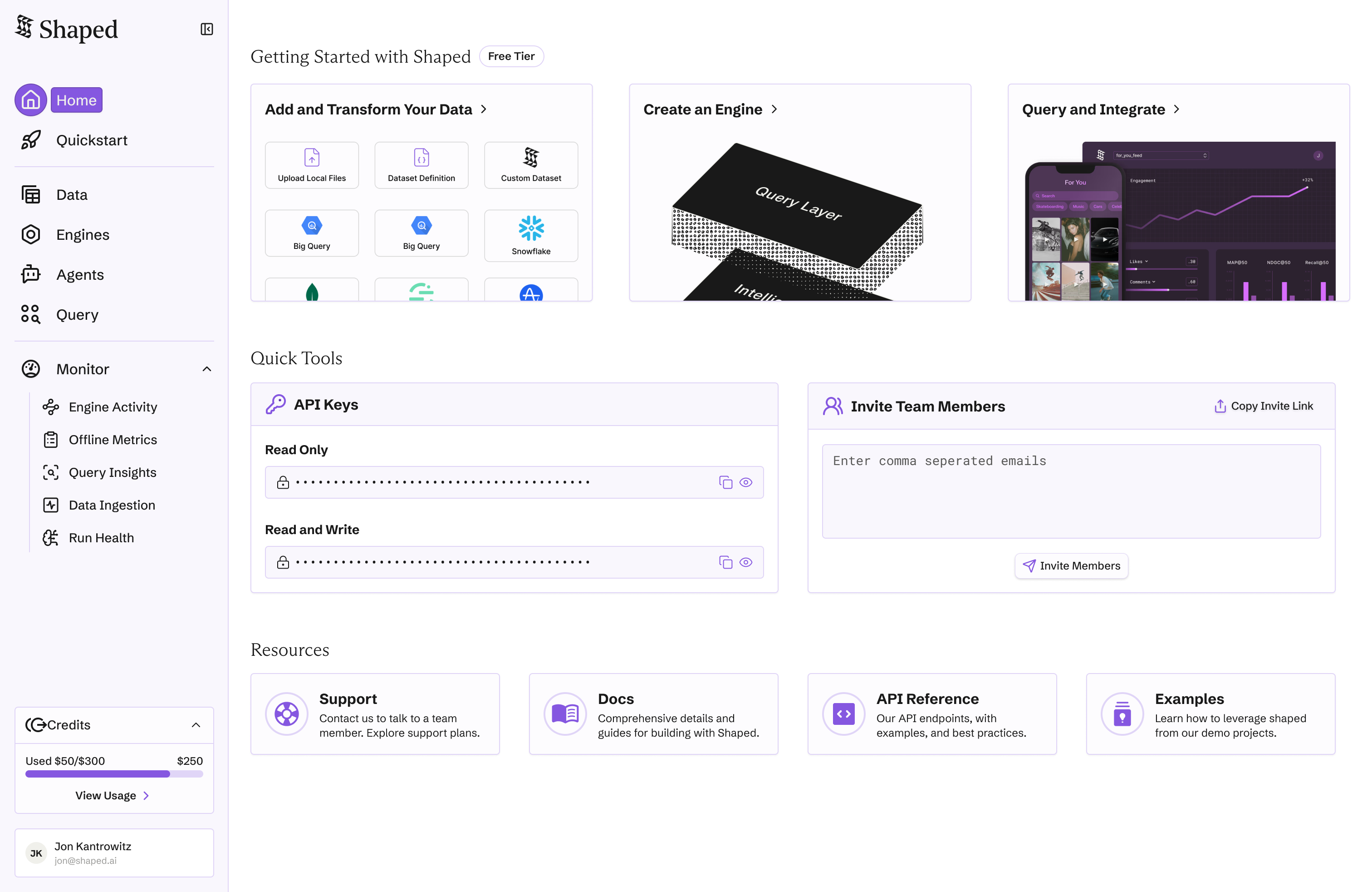 Home dashboard with getting started guides, API keys, team invites, and resources