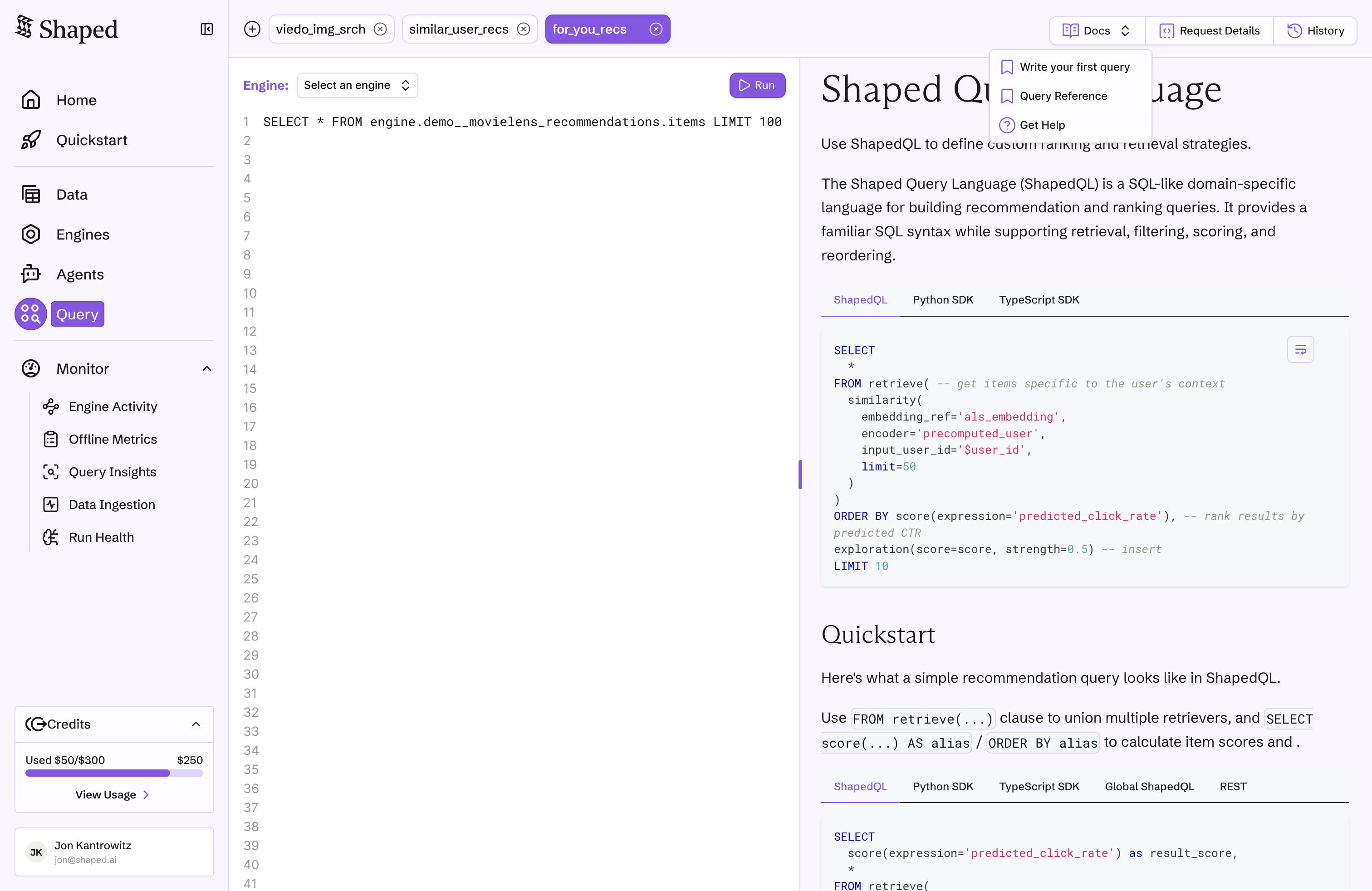 Inline query documentation with JavaScript and Python code examples