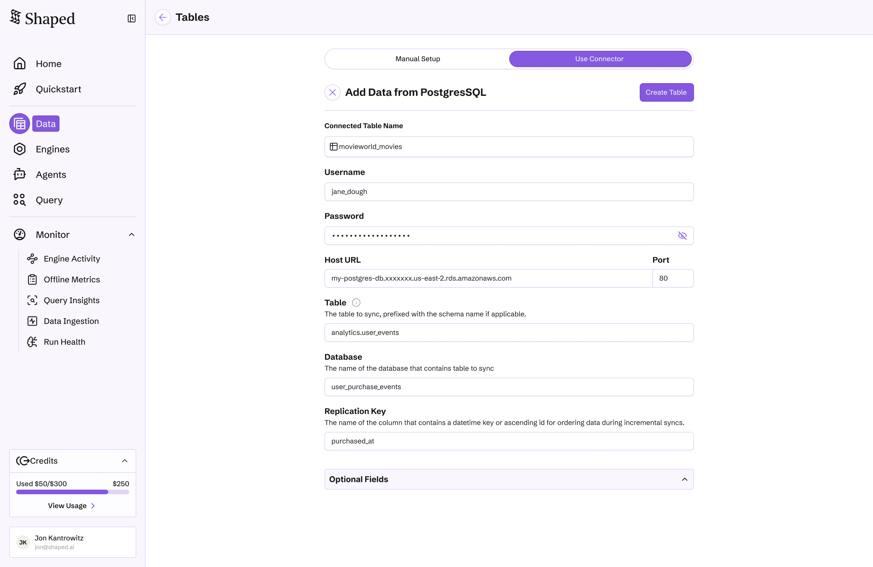 Connector setup flow with field mapping and credential configuration