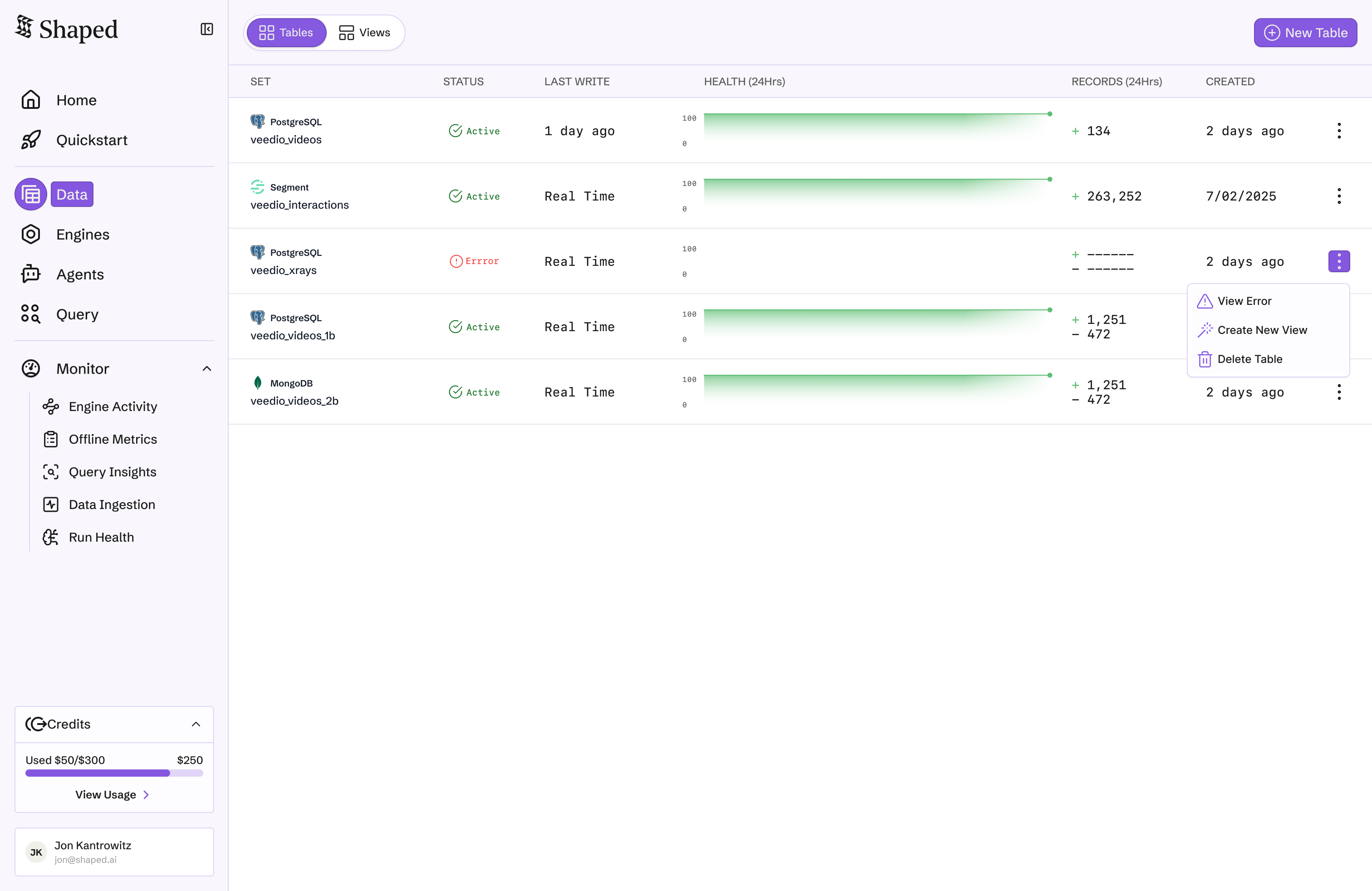 Populated tables list with status, health sparklines, and record counts