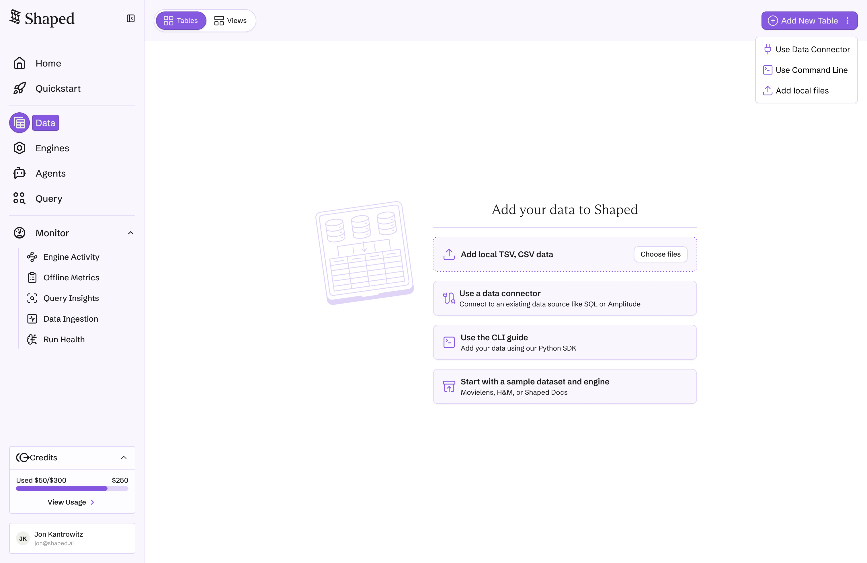 Tables empty state with data onboarding options