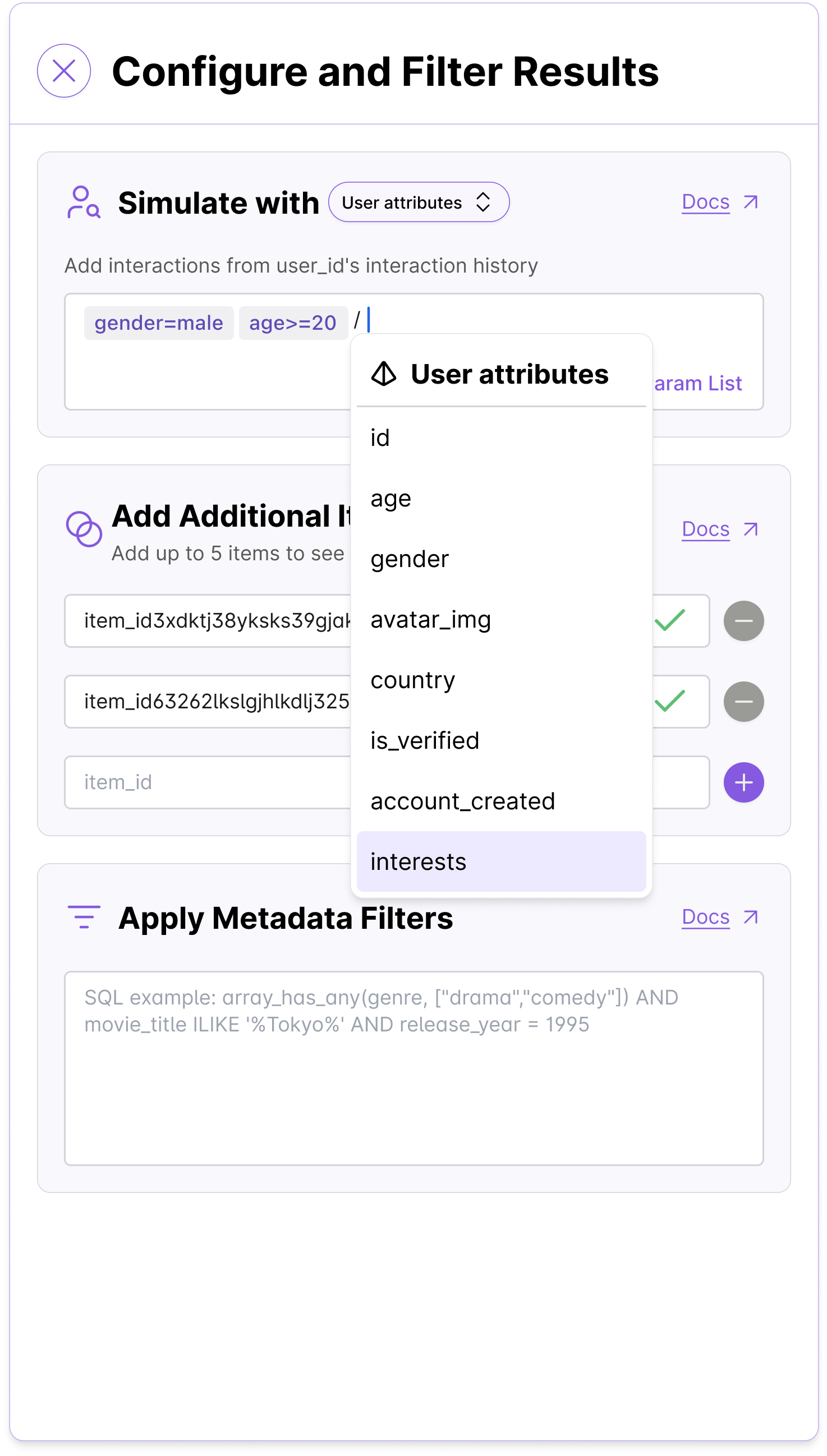 Configuring query results by attributes